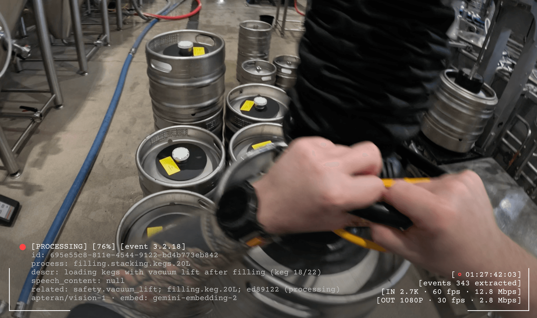 Worker POV footage inside a brewery with Apteran system overlays